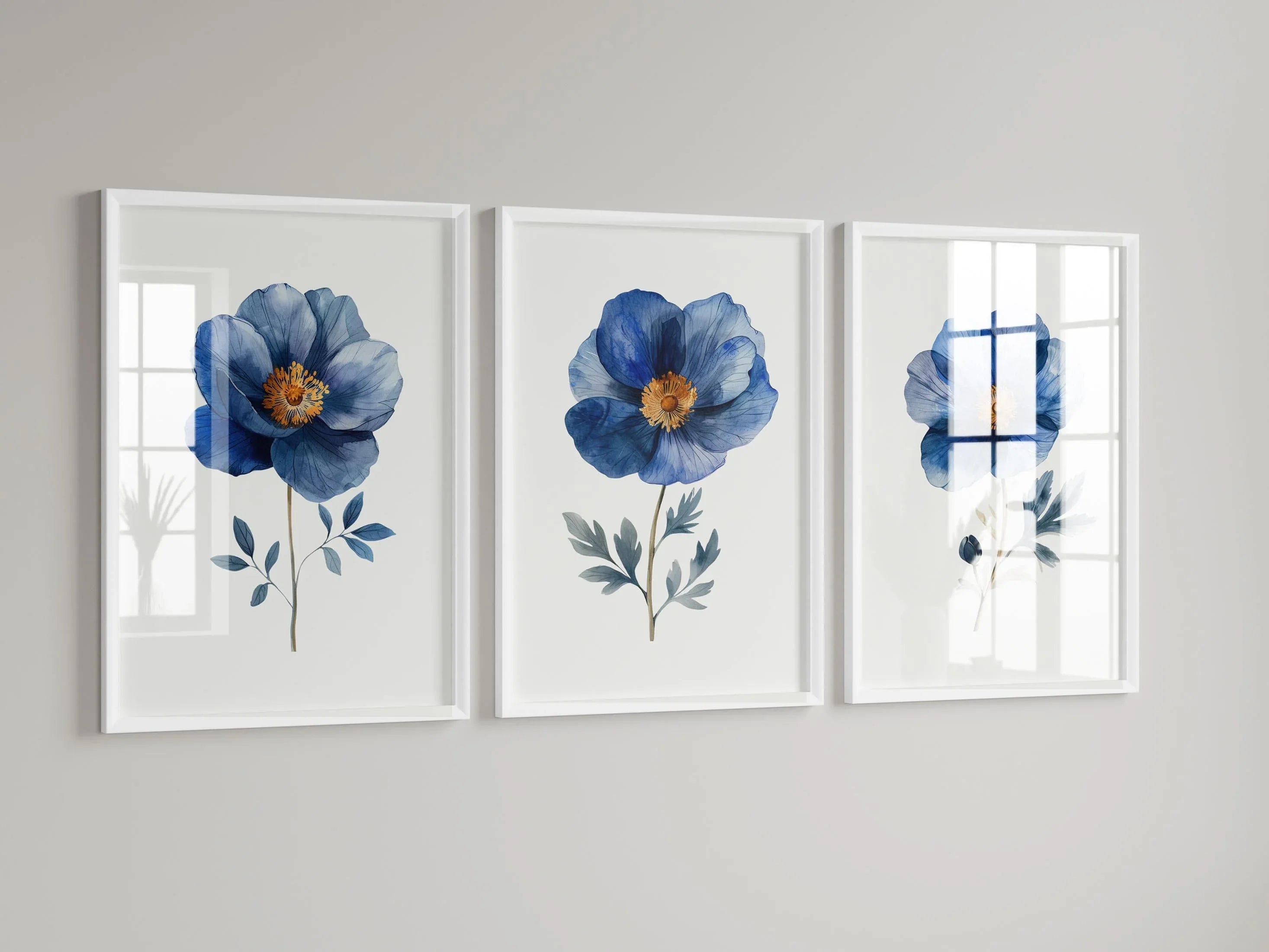 Indigo blue and grey floral watercolor wall art trio – serene botanical blossoms set of 3, Black frame