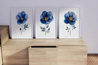 Indigo blue and grey floral watercolor wall art trio – serene botanical blossoms set of 3, Dark Wood frame