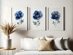 Indigo blue and grey floral watercolor wall art trio – serene botanical blossoms set of 3, Natural Wood frame
