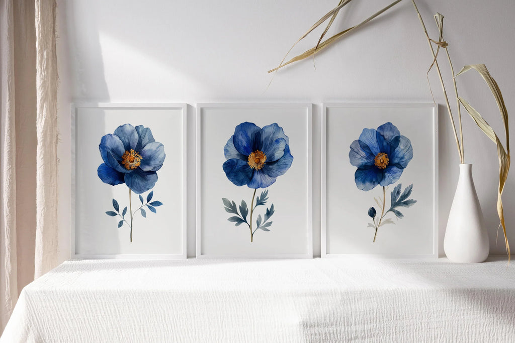Indigo blue and grey floral watercolor wall art trio – serene botanical blossoms set of 3, unframed