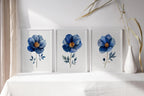 Indigo blue and grey floral watercolor wall art trio – serene botanical blossoms set of 3, unframed