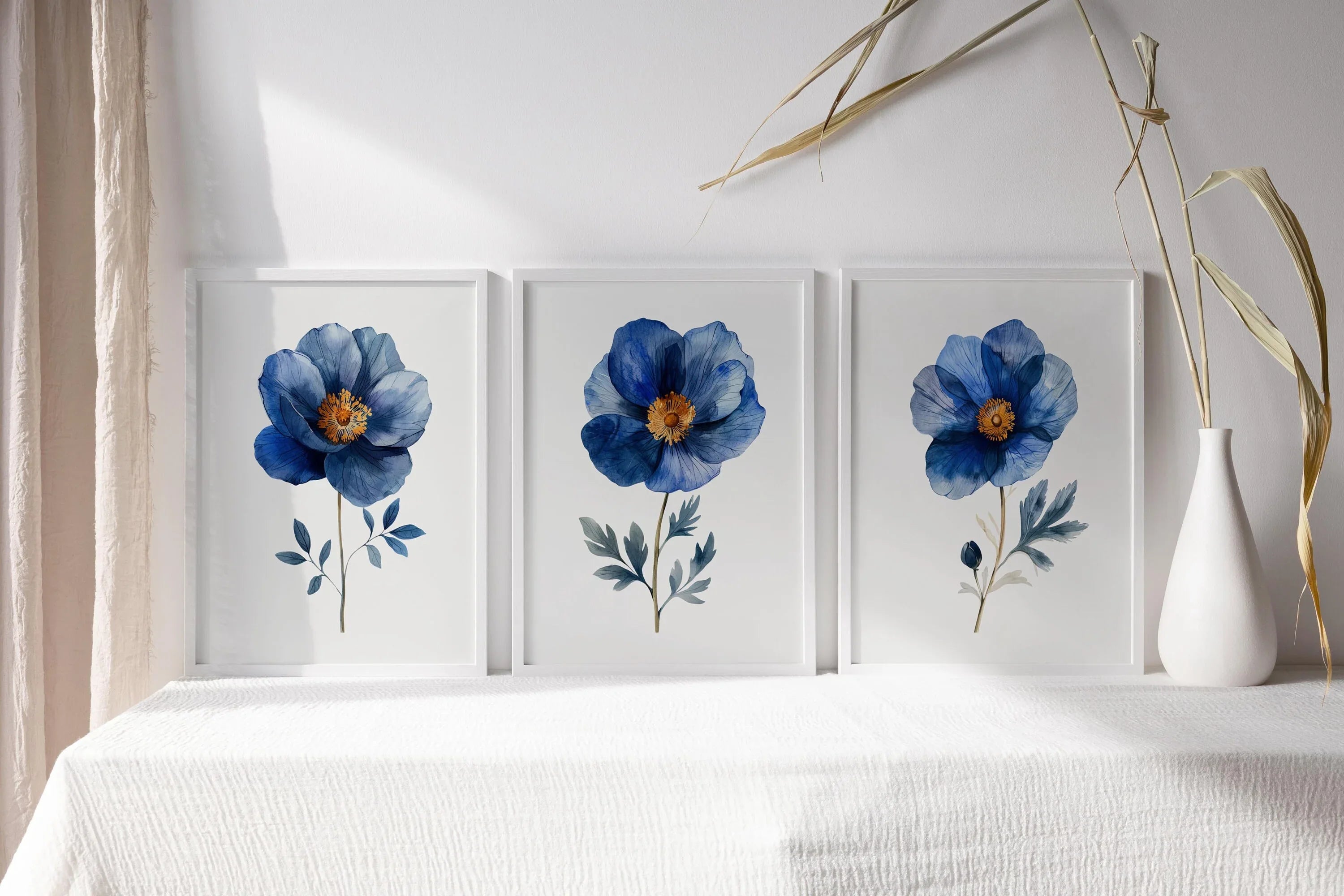 Indigo blue and grey floral watercolor wall art trio – serene botanical blossoms set of 3, unframed