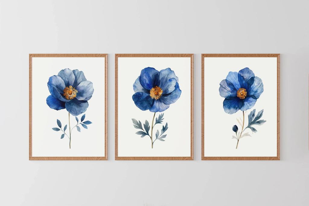 Indigo blue and grey floral watercolor wall art trio – serene botanical blossoms set of 3, Natural Wood frame