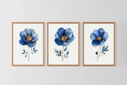 Indigo blue and grey floral watercolor wall art trio – serene botanical blossoms set of 3, Natural Wood frame
