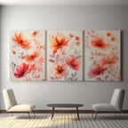 Red floral watercolor triptych wall art – vivid botanical blossoms across three panels, Black frame