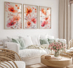 Red floral watercolor triptych wall art – vivid botanical blossoms across three panels, Dark Wood frame