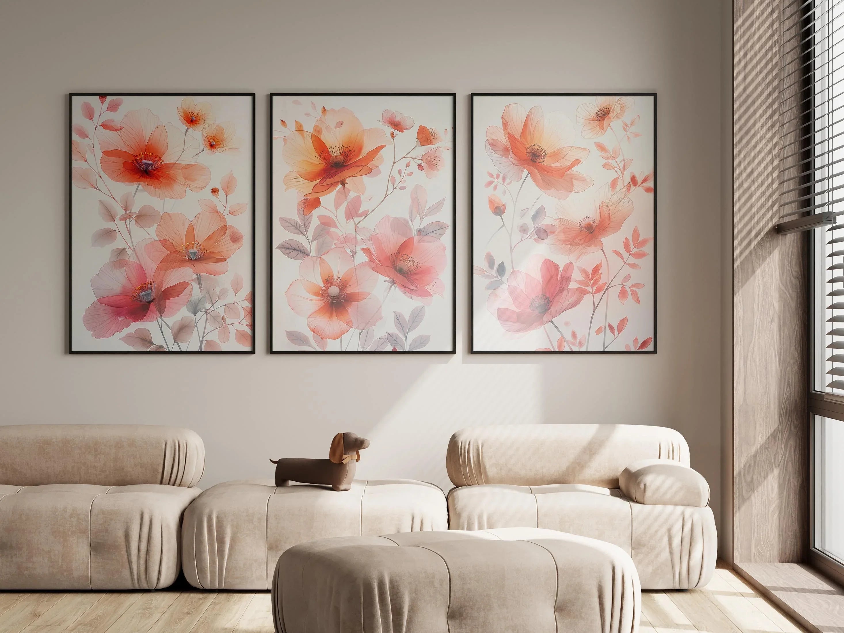 Red floral watercolor triptych wall art – vivid botanical blossoms across three panels, unframed