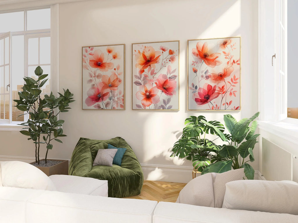 Red floral watercolor triptych wall art – vivid botanical blossoms across three panels, White frame