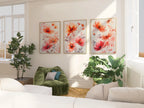 Red floral watercolor triptych wall art – vivid botanical blossoms across three panels, White frame
