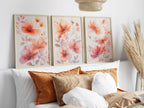Red floral watercolor triptych wall art – vivid botanical blossoms across three panels, Black frame