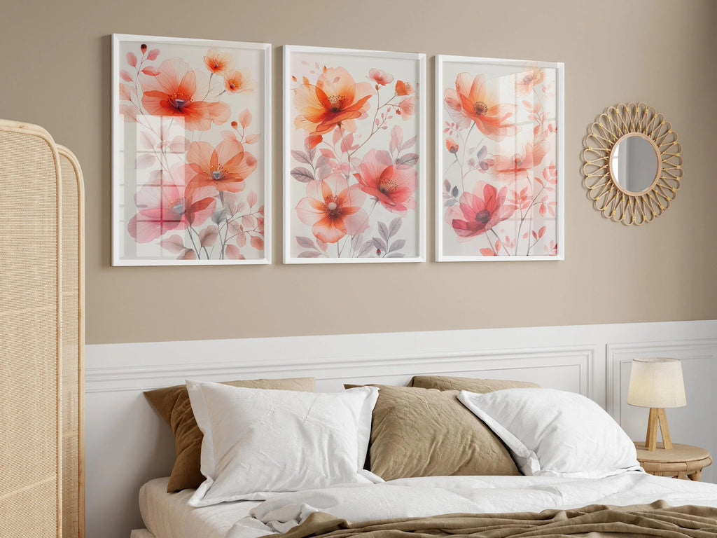 Red floral watercolor triptych wall art – vivid botanical blossoms across three panels, Dark Wood frame
