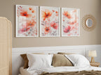 Red floral watercolor triptych wall art – vivid botanical blossoms across three panels, Dark Wood frame