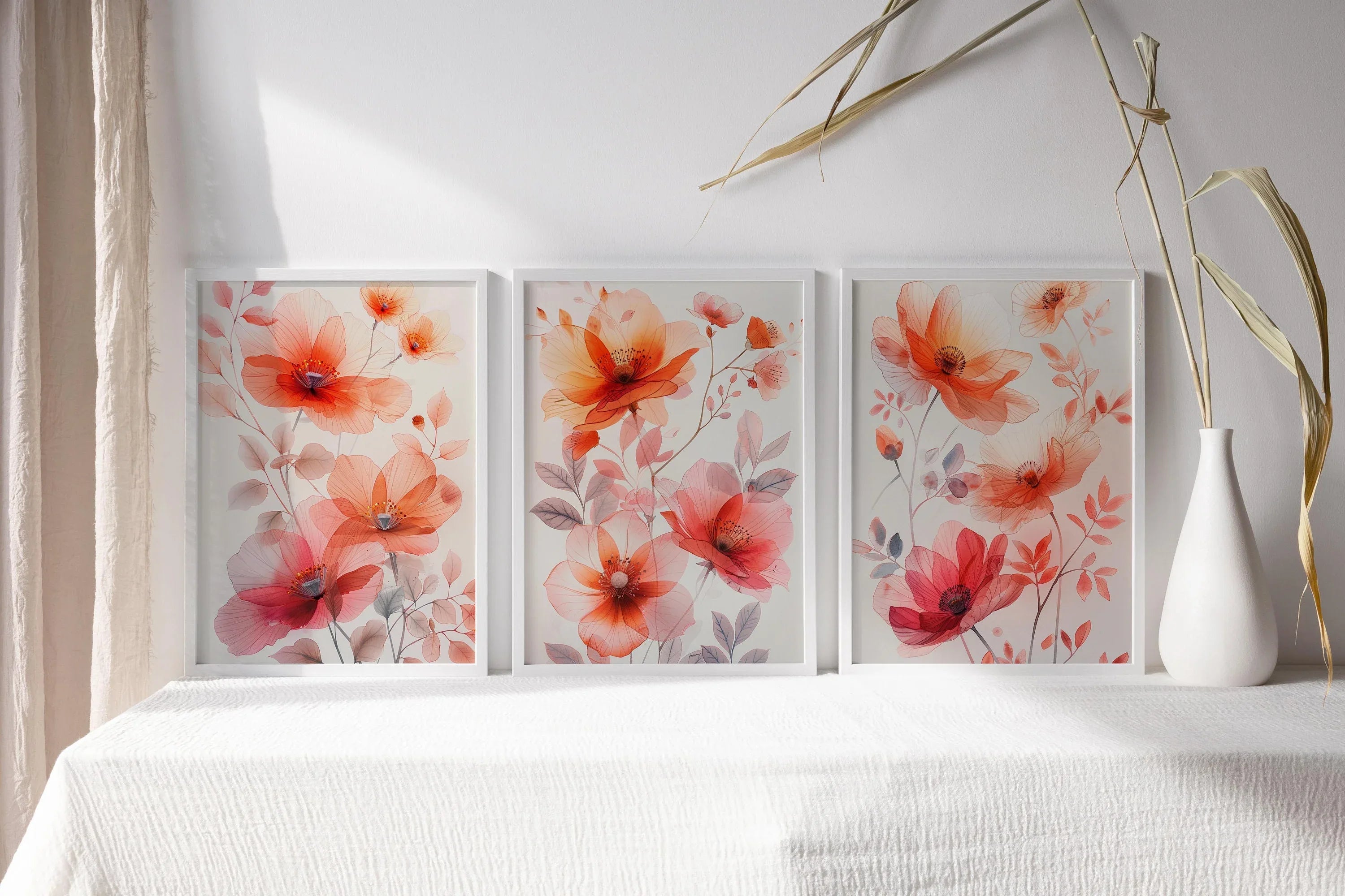 Red floral watercolor triptych wall art – vivid botanical blossoms across three panels, Natural Wood frame