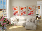 Red floral watercolor triptych wall art – vivid botanical blossoms across three panels, Natural Wood frame