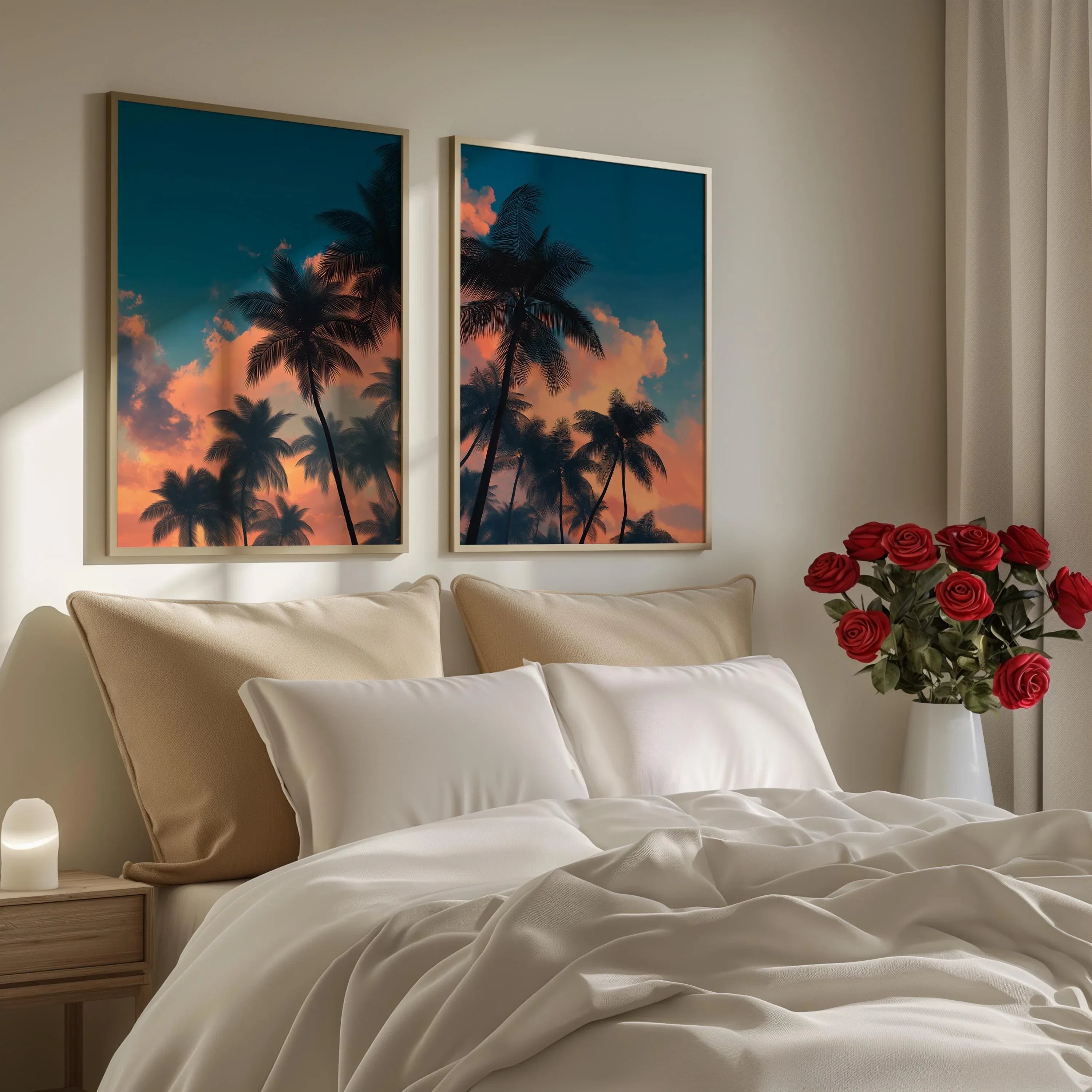 Tropical palm tree sunset wall art set of 2 – teal and orange coastal silhouette scene, Black frame