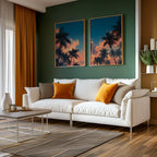 Tropical palm tree sunset wall art set of 2 – teal and orange coastal silhouette scene, Dark Wood frame