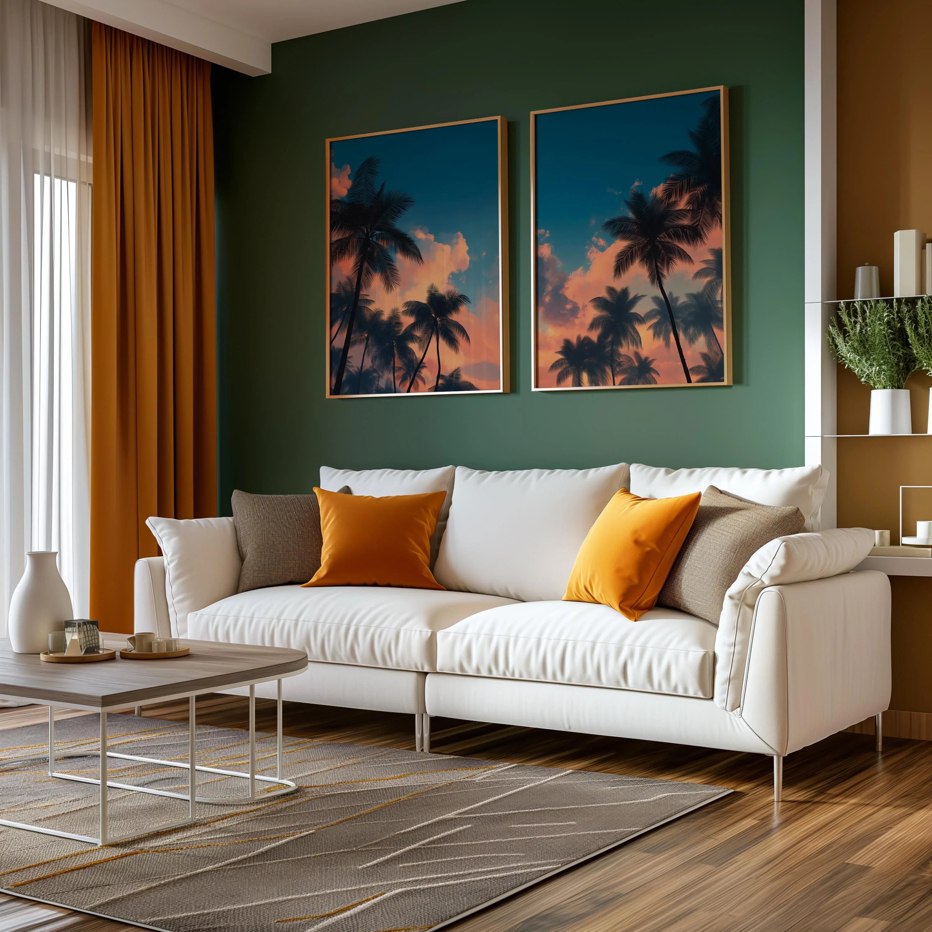 Tropical palm tree sunset wall art set of 2 – teal and orange coastal silhouette scene, Dark Wood frame