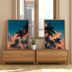 Tropical palm tree sunset wall art set of 2 – teal and orange coastal silhouette scene, unframed