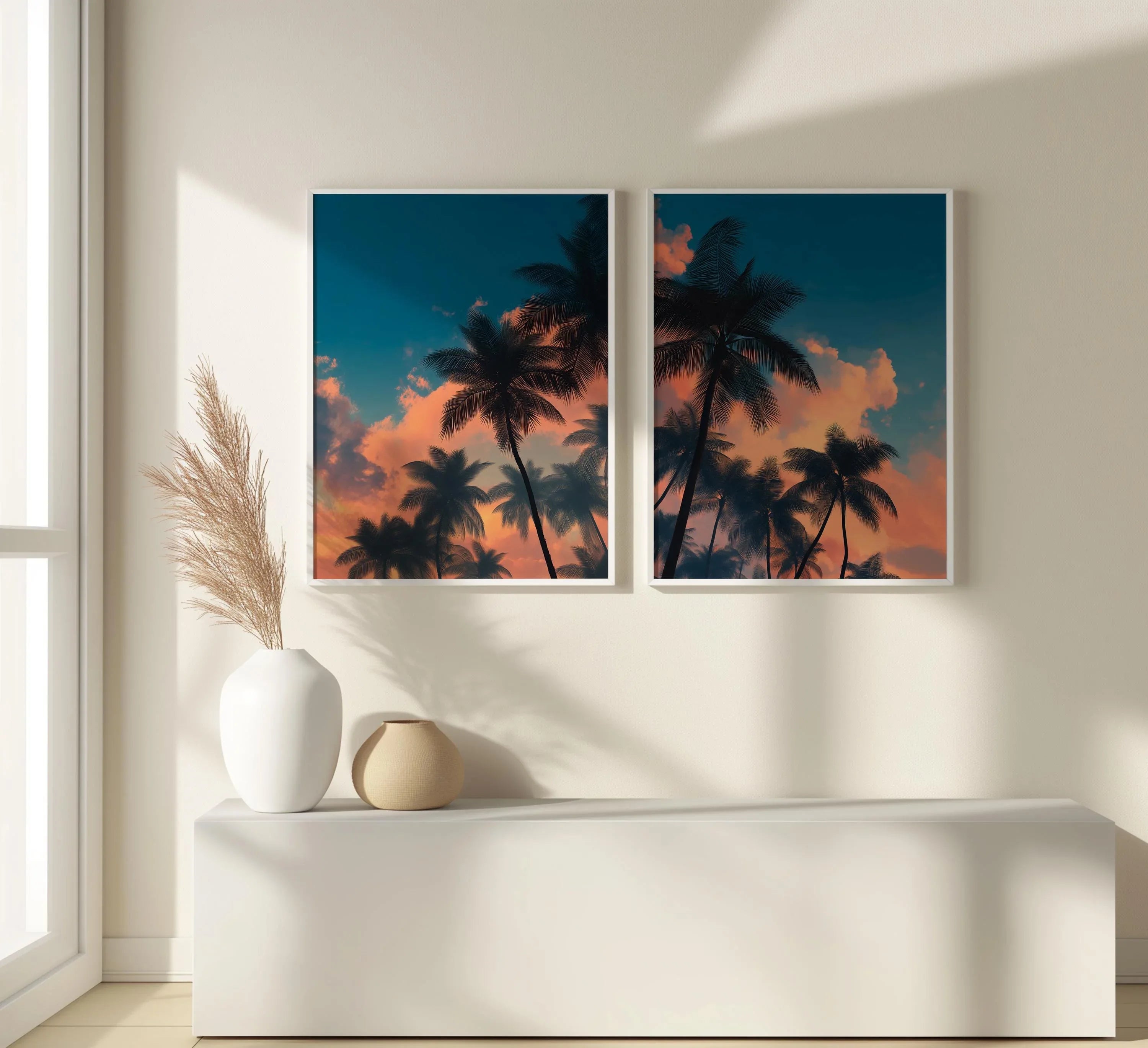 Tropical palm tree sunset wall art set of 2 – teal and orange coastal silhouette scene, White frame