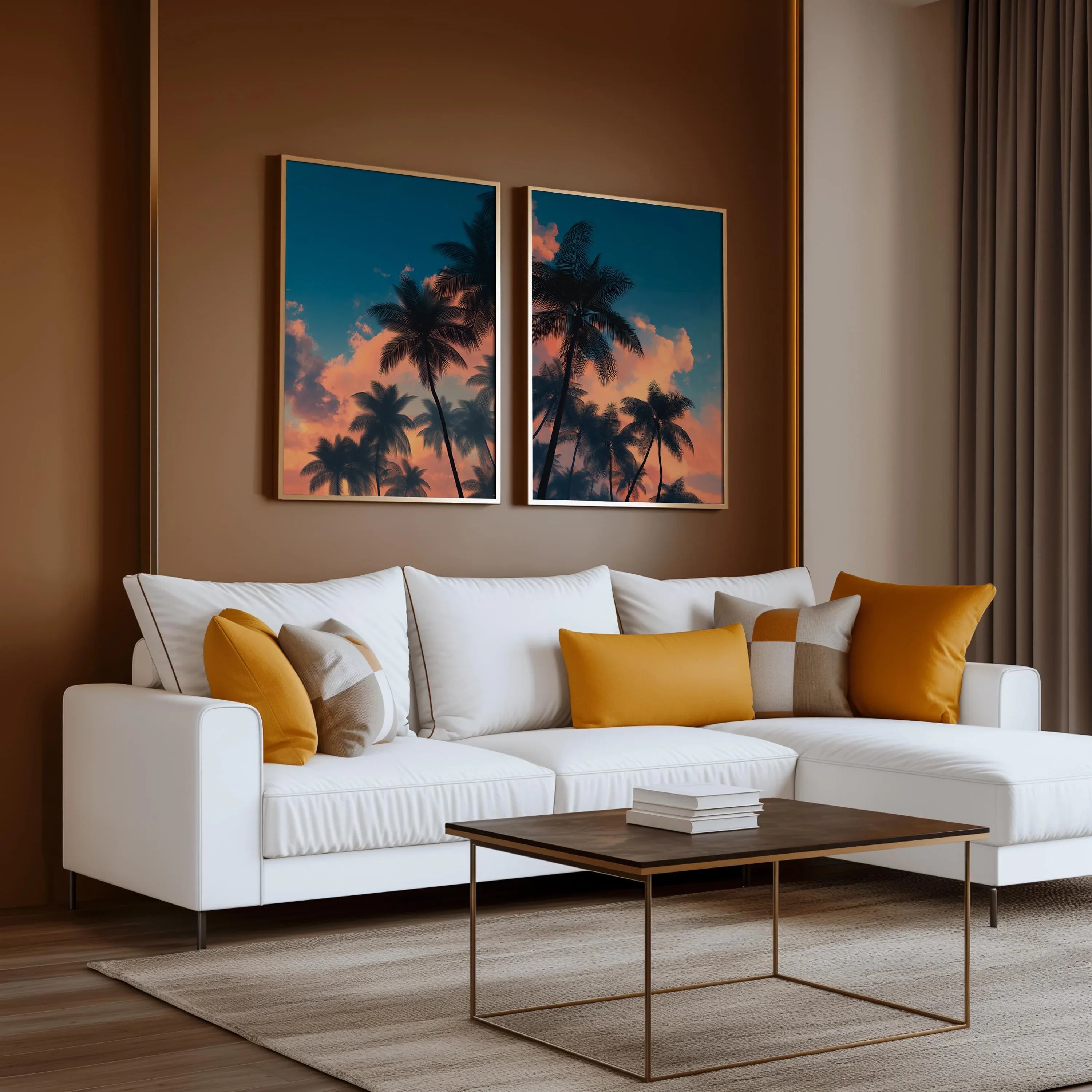 Tropical palm tree sunset wall art set of 2 – teal and orange coastal silhouette scene, Black frame