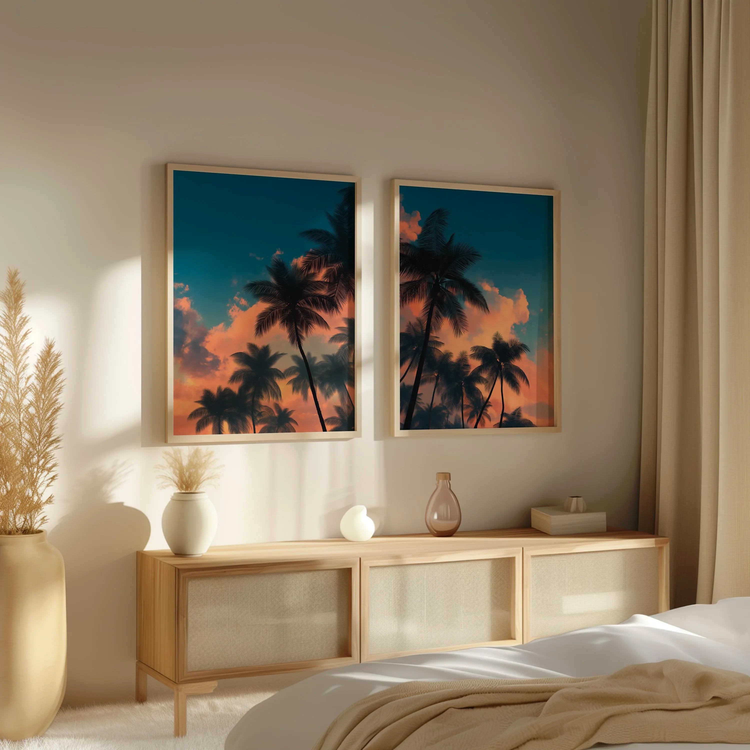 Tropical palm tree sunset wall art set of 2 – teal and orange coastal silhouette scene, Dark Wood frame