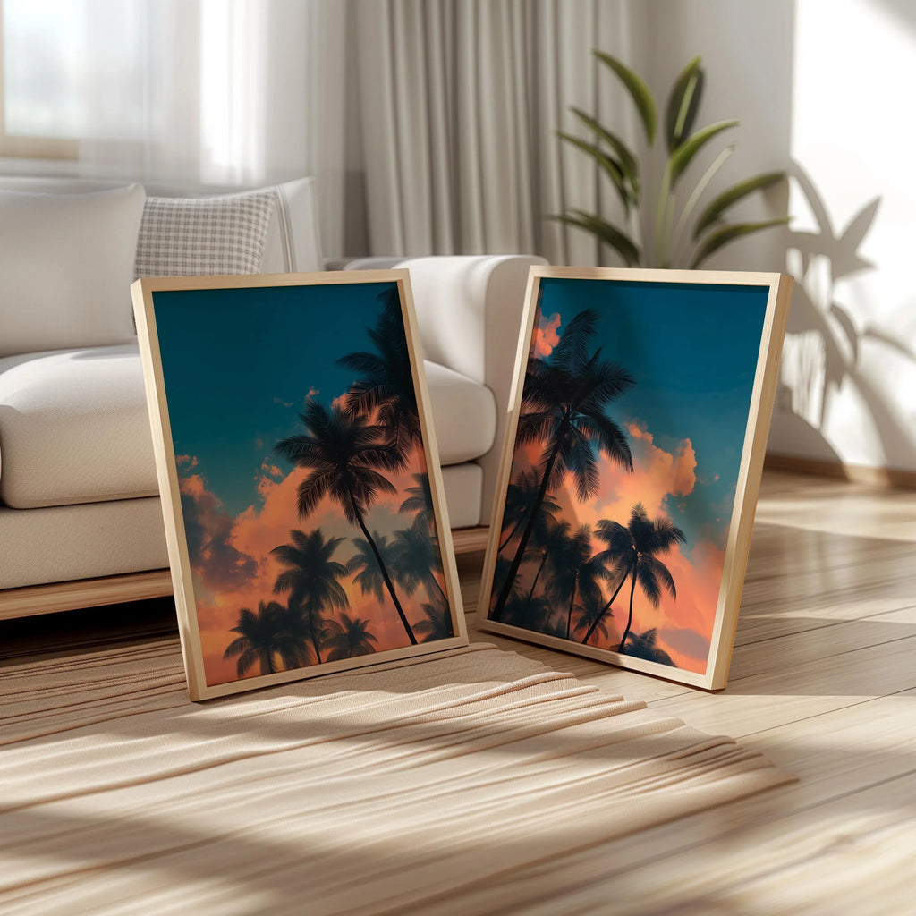 Tropical palm tree sunset wall art set of 2 – teal and orange coastal silhouette scene, Natural Wood frame