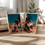 Tropical palm tree sunset wall art set of 2 – teal and orange coastal silhouette scene, Natural Wood frame