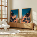 Tropical palm tree sunset wall art set of 2 – teal and orange coastal silhouette scene, unframed