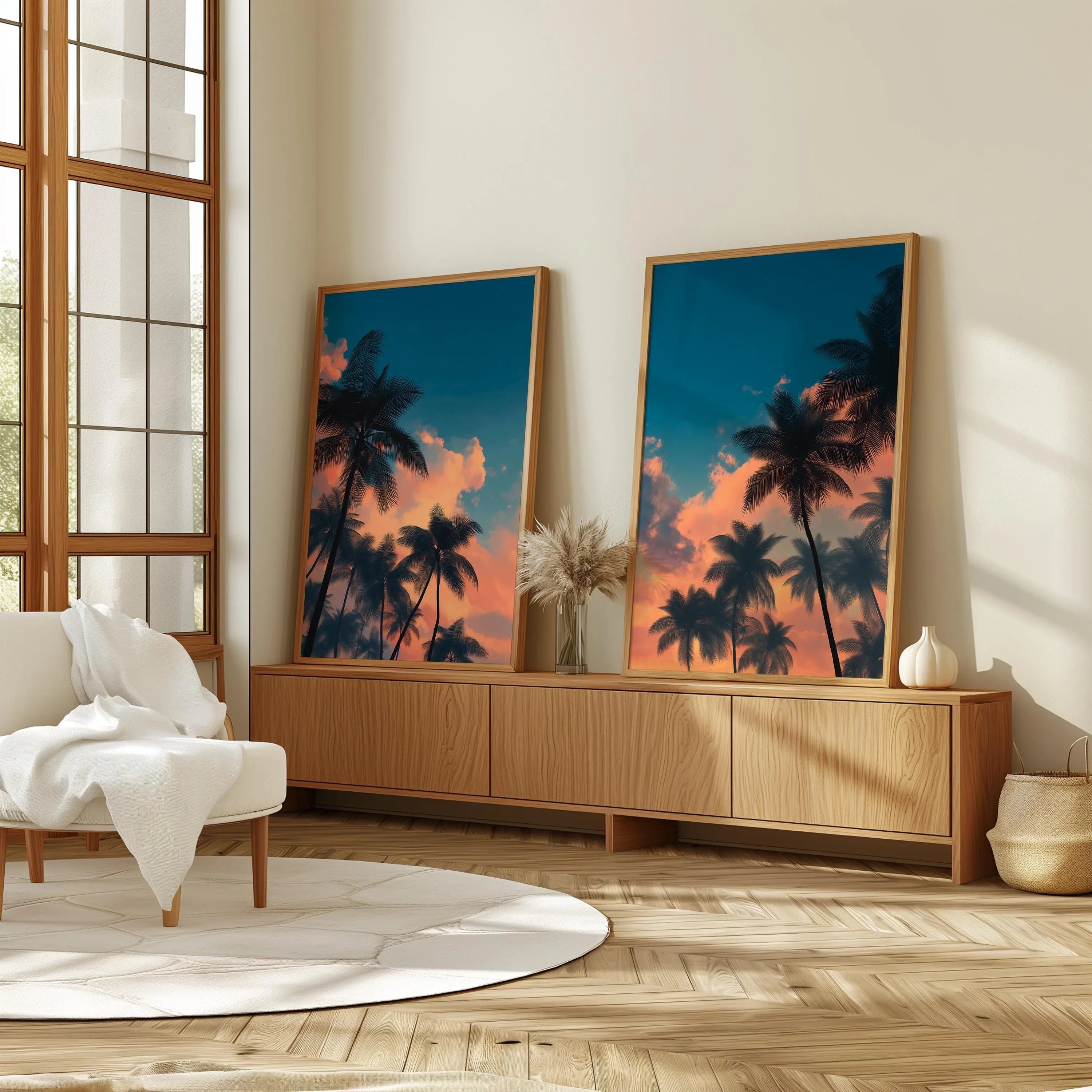 Tropical palm tree sunset wall art set of 2 – teal and orange coastal silhouette scene, unframed