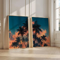 Tropical palm tree sunset wall art set of 2 – teal and orange coastal silhouette scene, Natural Wood frame