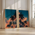 Tropical palm tree sunset wall art set of 2 – teal and orange coastal silhouette scene, Natural Wood frame
