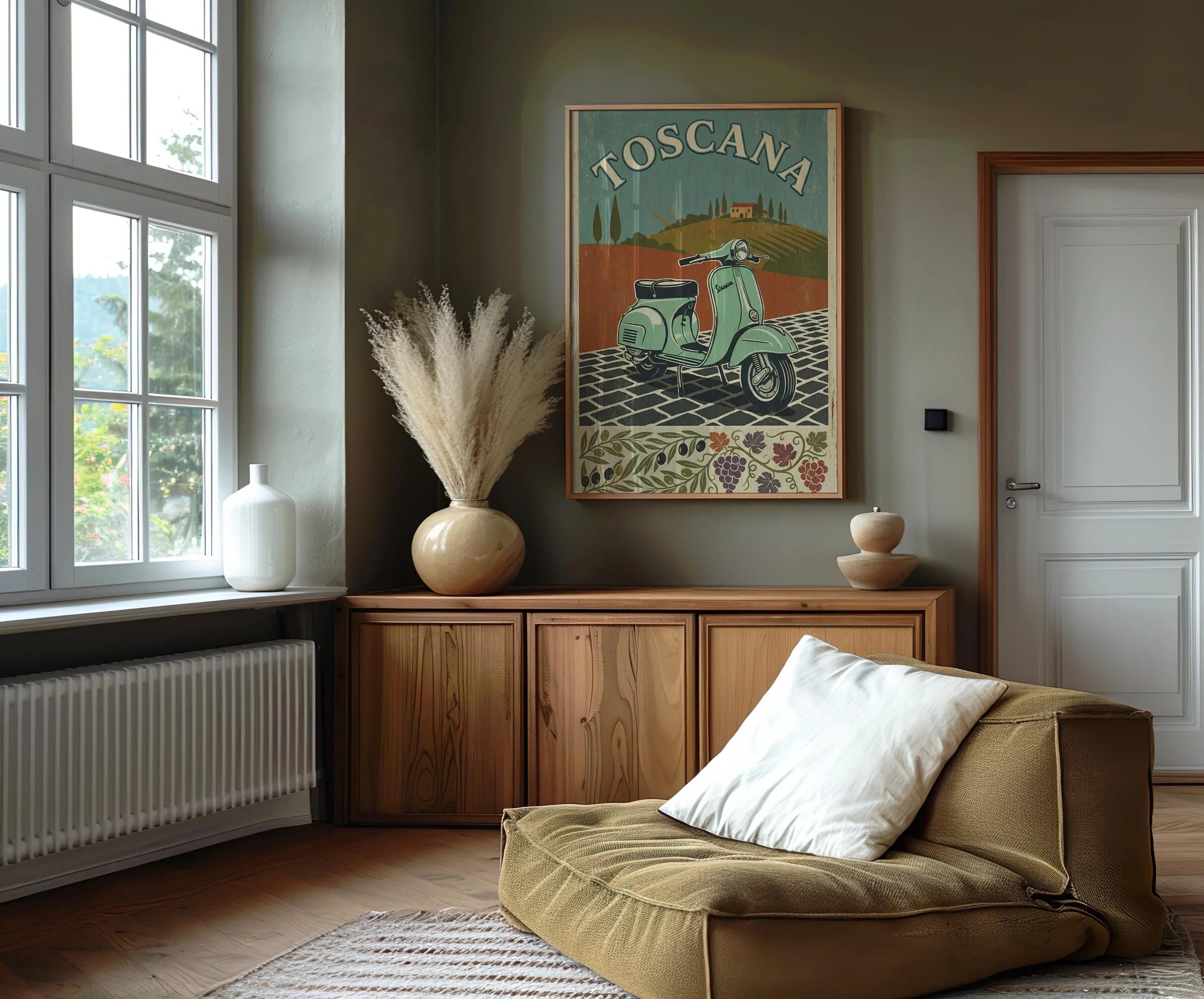 Tuscany Vespa retro Italian travel wall art – vintage mint scooter with Tuscan countryside backdrop, Black frame