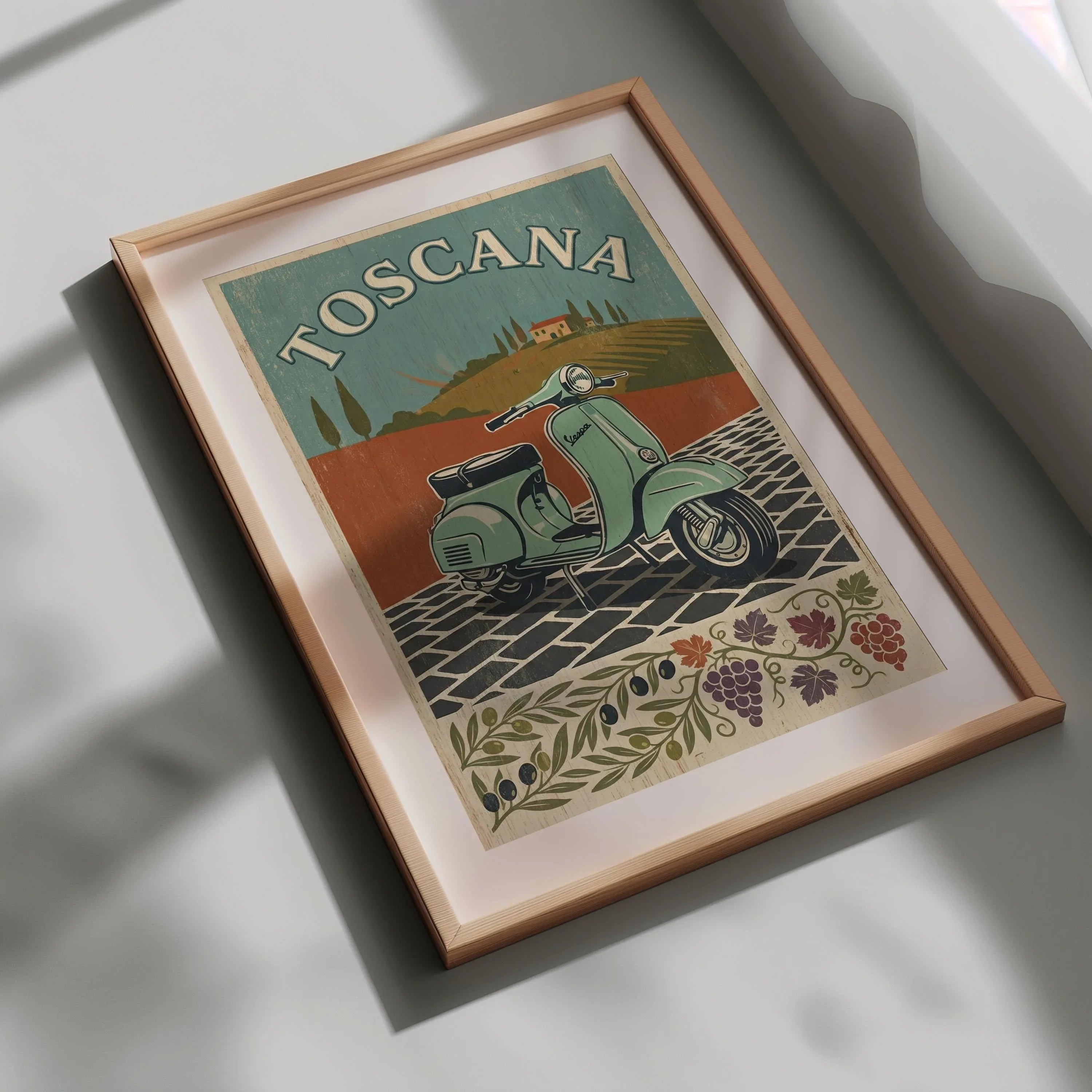 Tuscany Vespa retro Italian travel wall art – vintage mint scooter with Tuscan countryside backdrop, Dark Wood frame