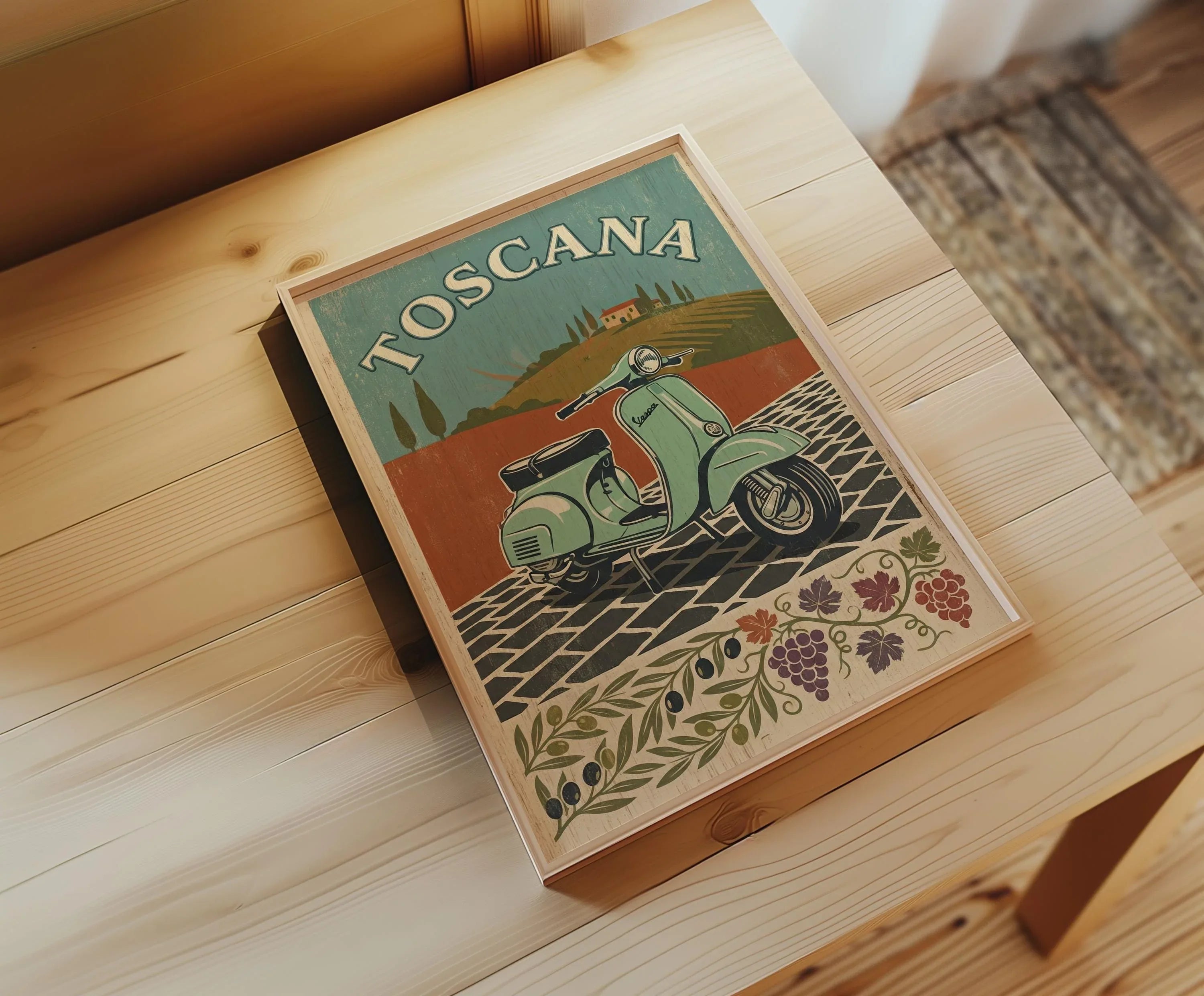 Tuscany Vespa retro Italian travel wall art – vintage mint scooter with Tuscan countryside backdrop, unframed