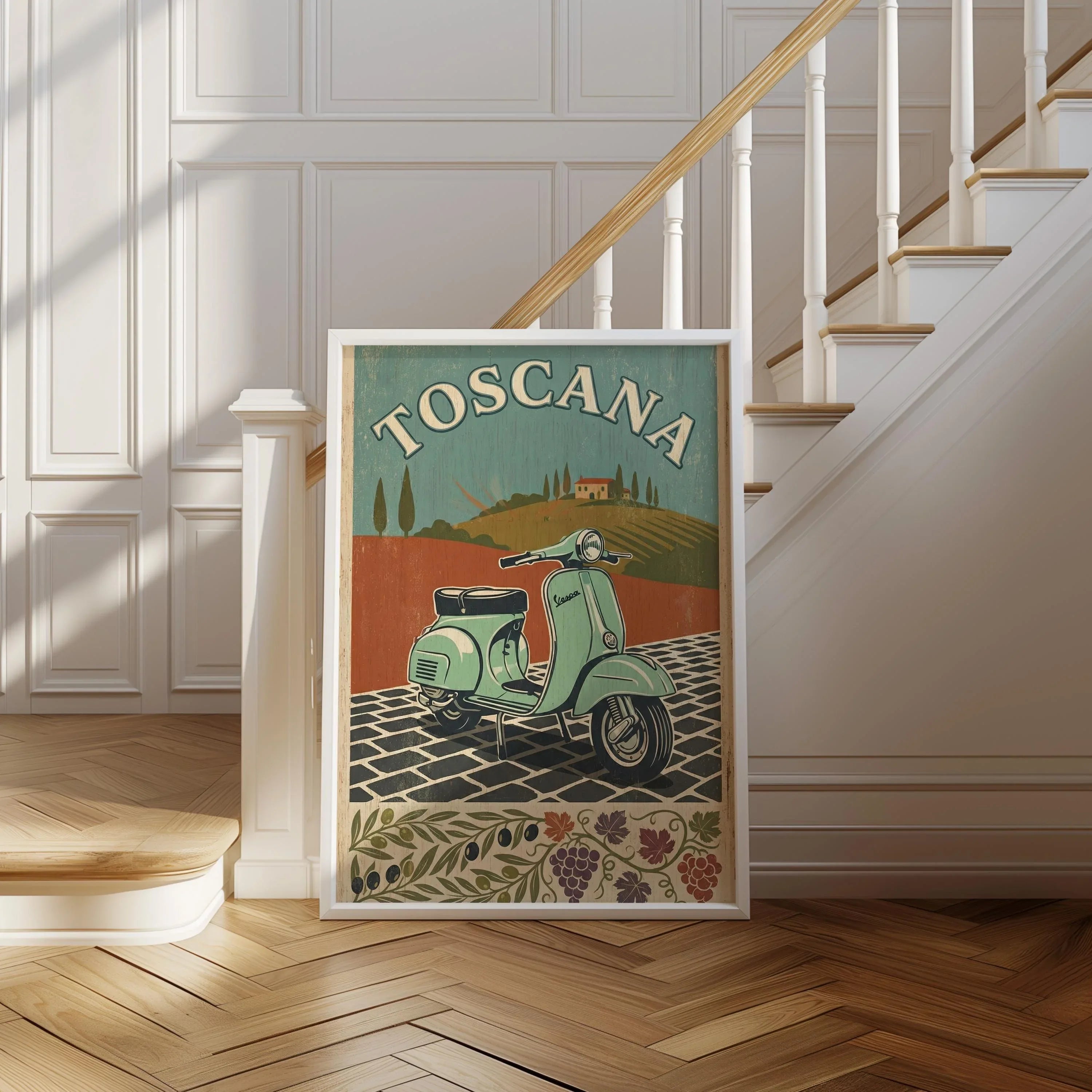 Tuscany Vespa retro Italian travel wall art – vintage mint scooter with Tuscan countryside backdrop, Natural Wood frame