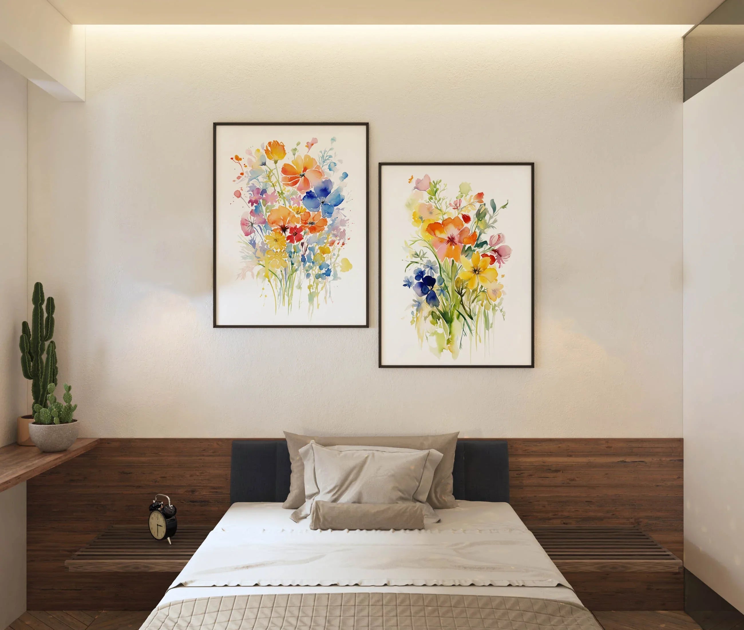Vibrant wildflower watercolor diptych wall art – colourful floral bouquets for farmhouse decor, Black frame