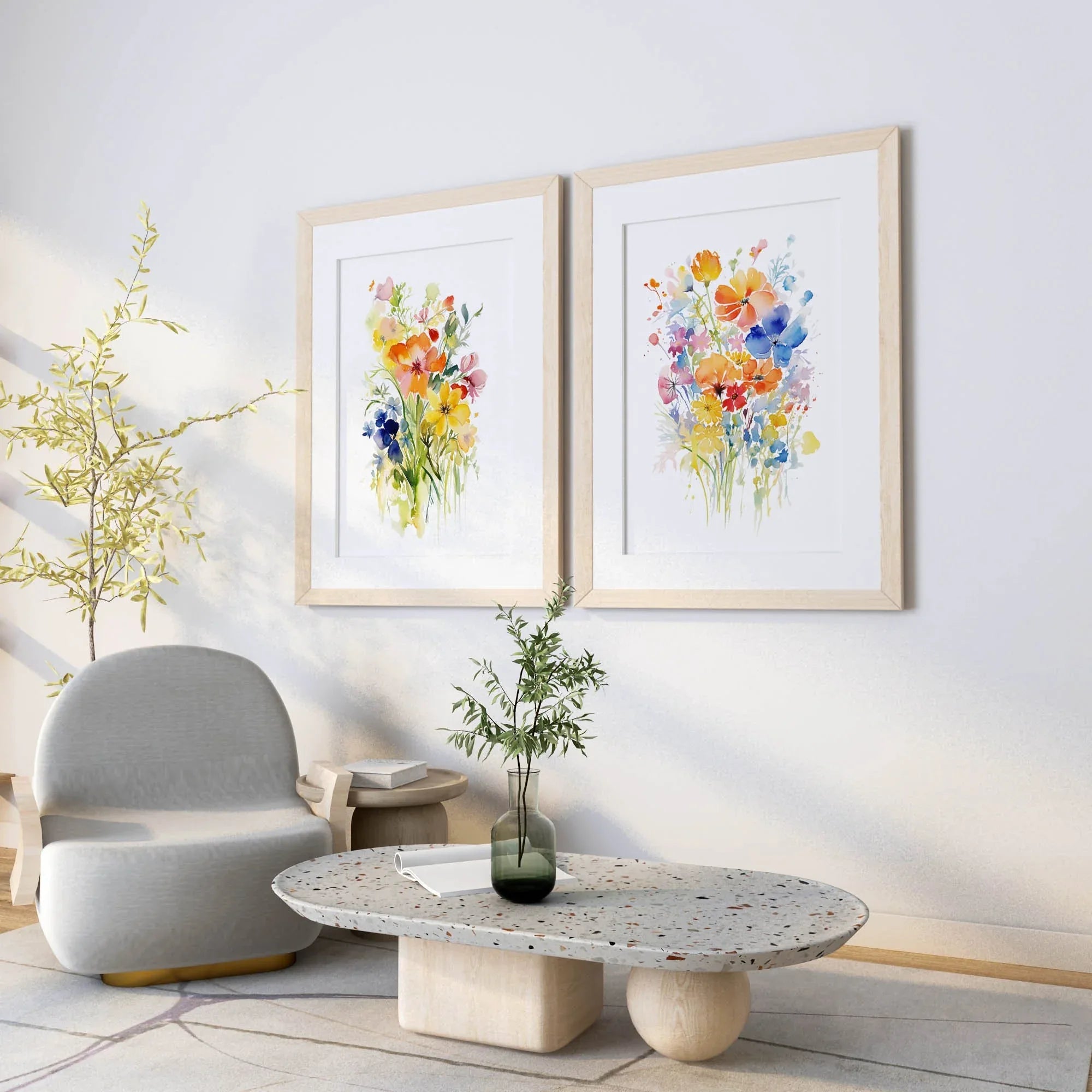 Vibrant wildflower watercolor diptych wall art – colourful floral bouquets for farmhouse decor, unframed