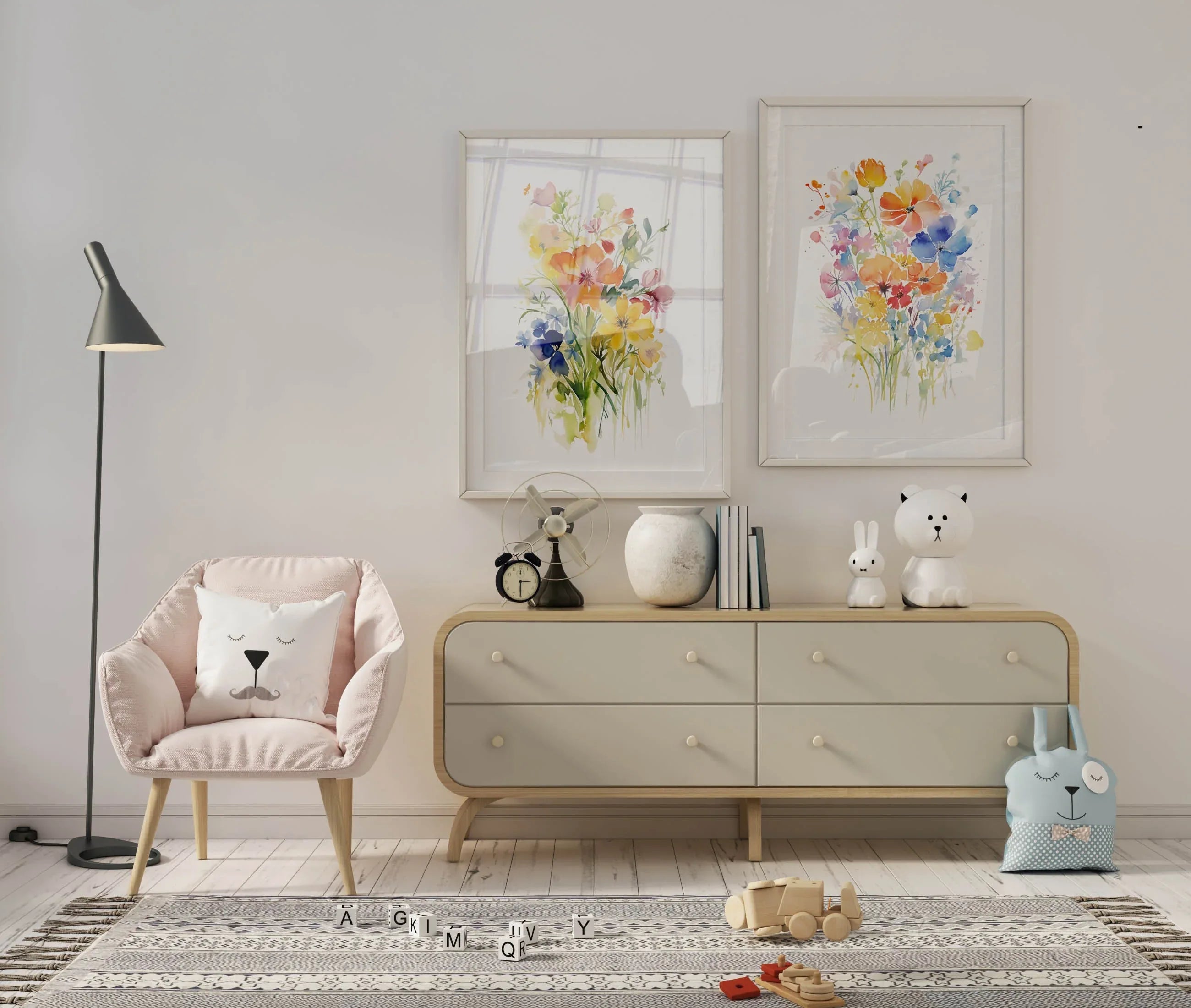Vibrant wildflower watercolor diptych wall art – colourful floral bouquets for farmhouse decor, White frame