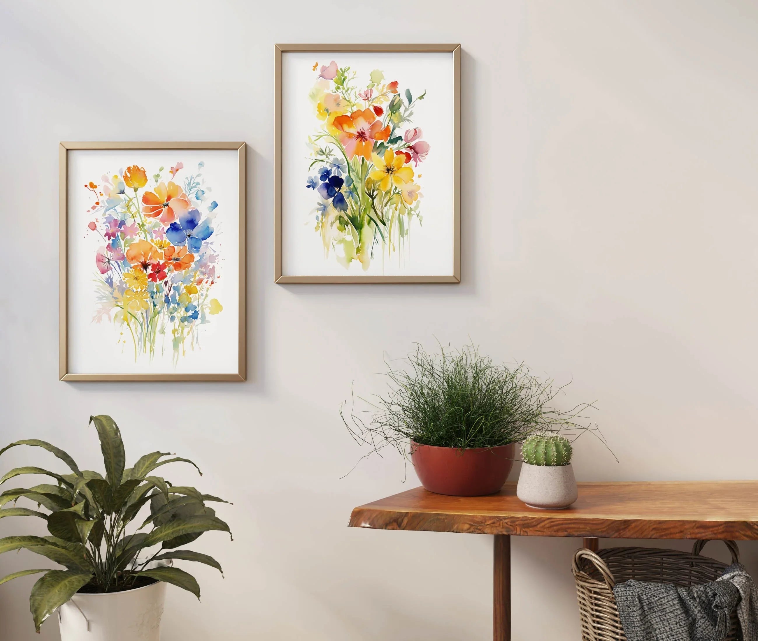 Vibrant wildflower watercolor diptych wall art – colourful floral bouquets for farmhouse decor, Natural Wood frame