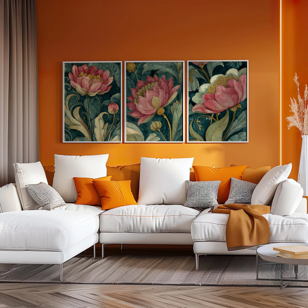 Vintage botanical wall art set of 3 – pink peony blossoms with emerald green dark academia styling, White frame