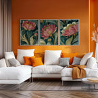 Vintage botanical wall art set of 3 – pink peony blossoms with emerald green dark academia styling, White frame