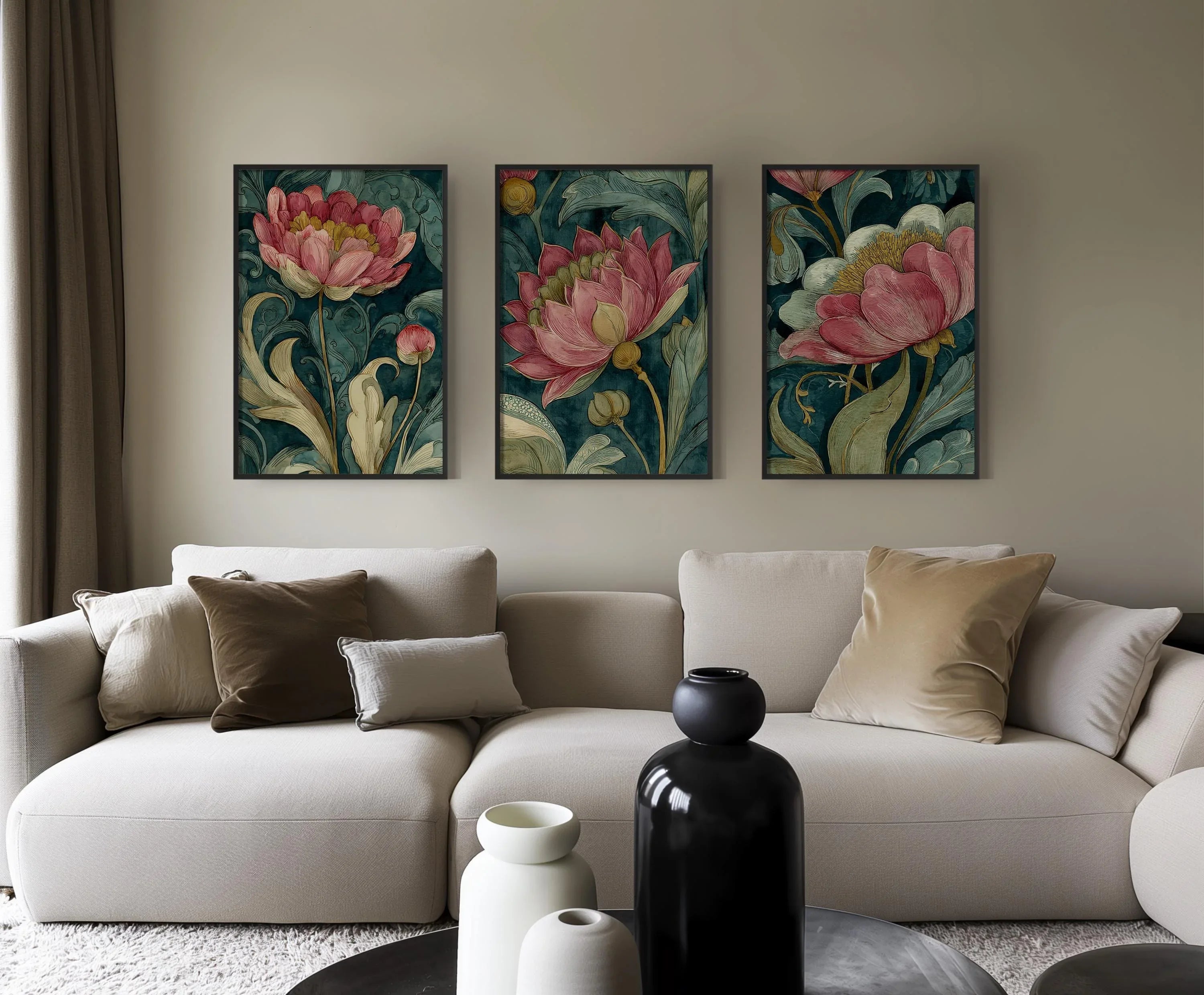 Vintage botanical wall art set of 3 – pink peony blossoms with emerald green dark academia styling, Black frame