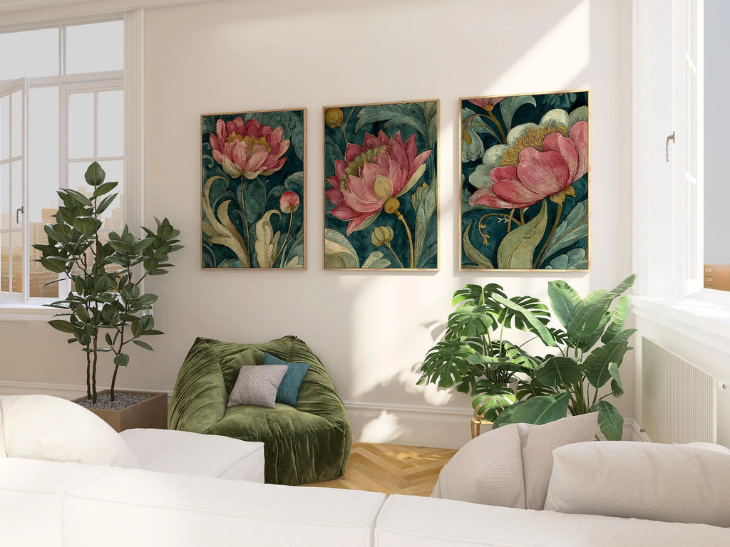 Vintage botanical wall art set of 3 – pink peony blossoms with emerald green dark academia styling, Dark Wood frame