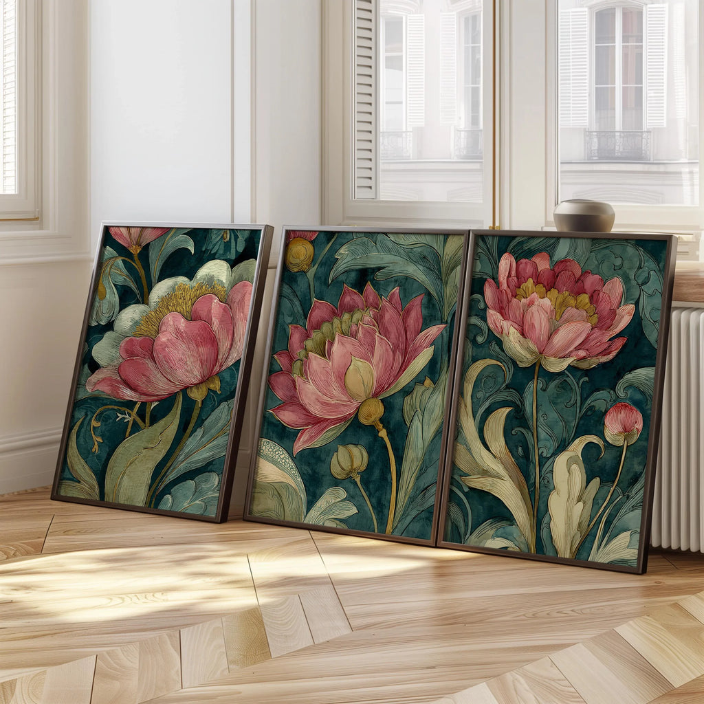 Vintage botanical wall art set of 3 – pink peony blossoms with emerald green dark academia styling, unframed