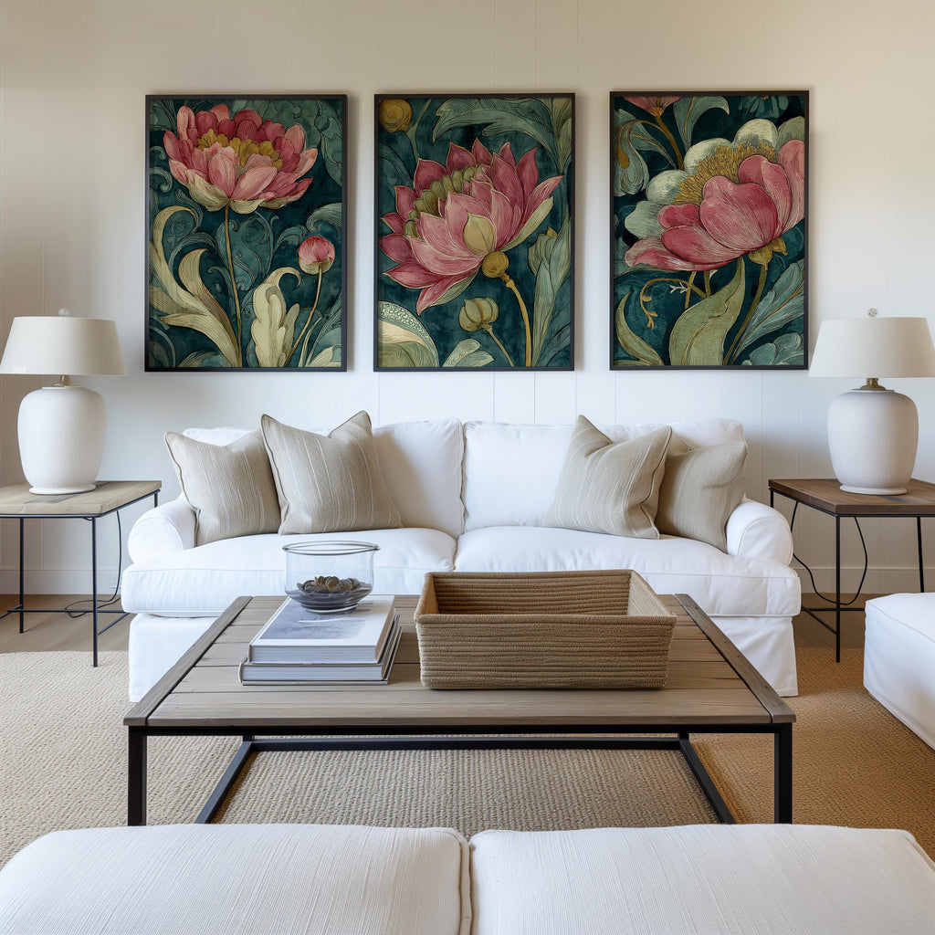 Vintage botanical wall art set of 3 – pink peony blossoms with emerald green dark academia styling, White frame