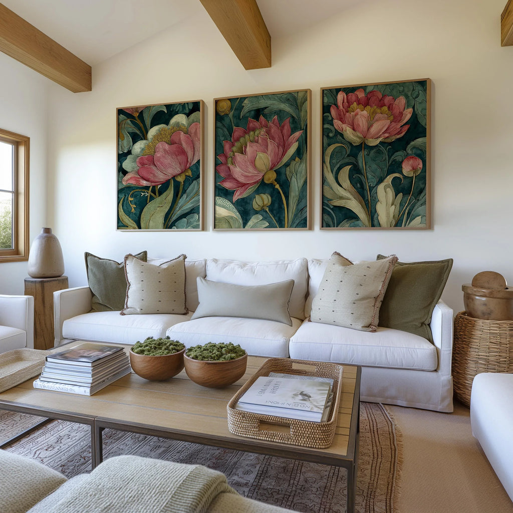 Vintage botanical wall art set of 3 – pink peony blossoms with emerald green dark academia styling, Black frame