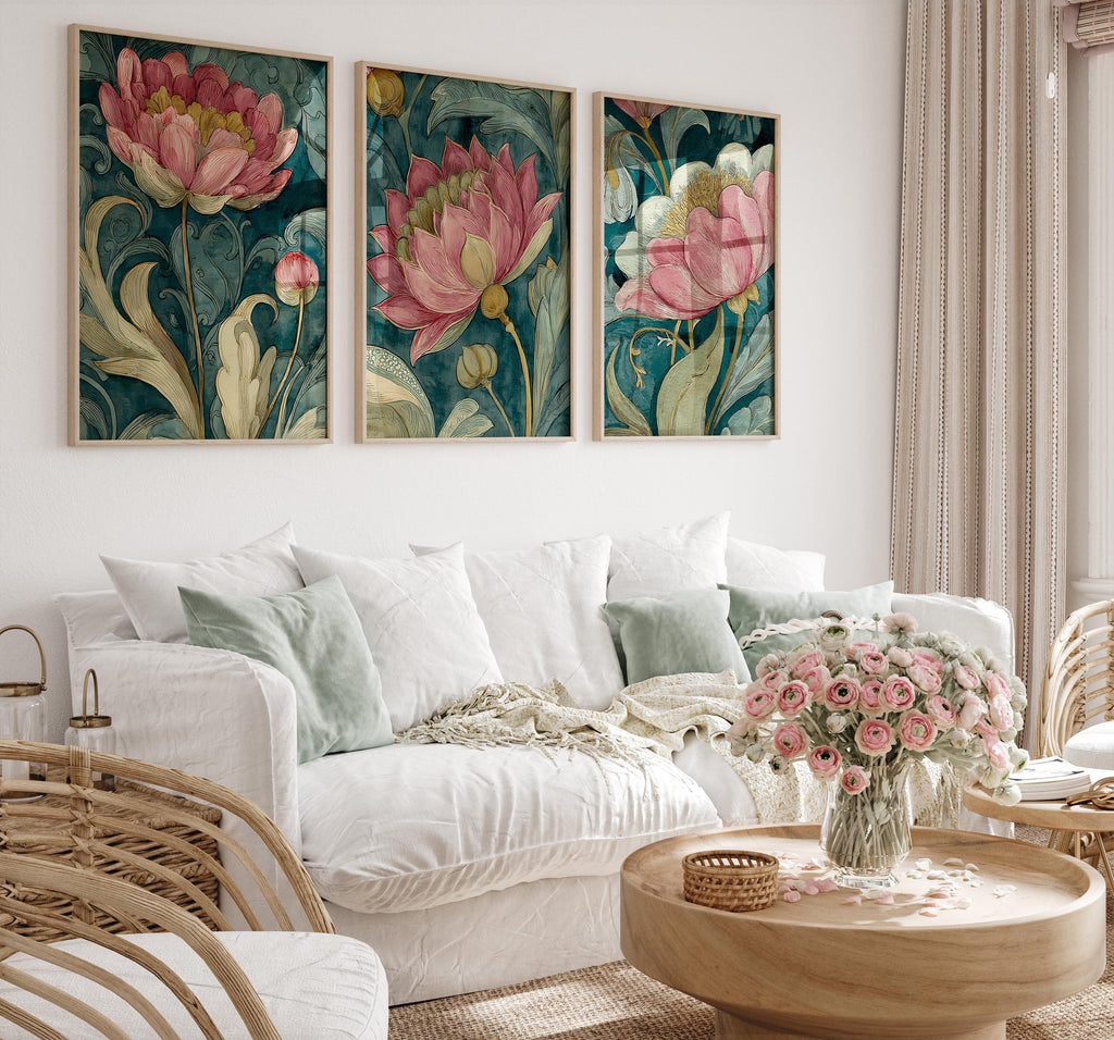 Vintage botanical wall art set of 3 – pink peony blossoms with emerald green dark academia styling, Dark Wood frame
