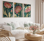 Vintage botanical wall art set of 3 – pink peony blossoms with emerald green dark academia styling, Dark Wood frame