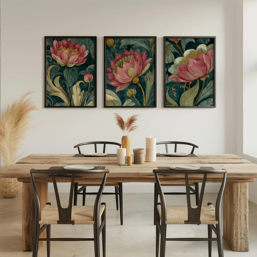 Vintage botanical wall art set of 3 – pink peony blossoms with emerald green dark academia styling, Natural Wood frame