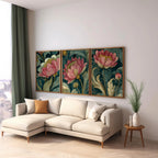 Vintage botanical wall art set of 3 – pink peony blossoms with emerald green dark academia styling, unframed